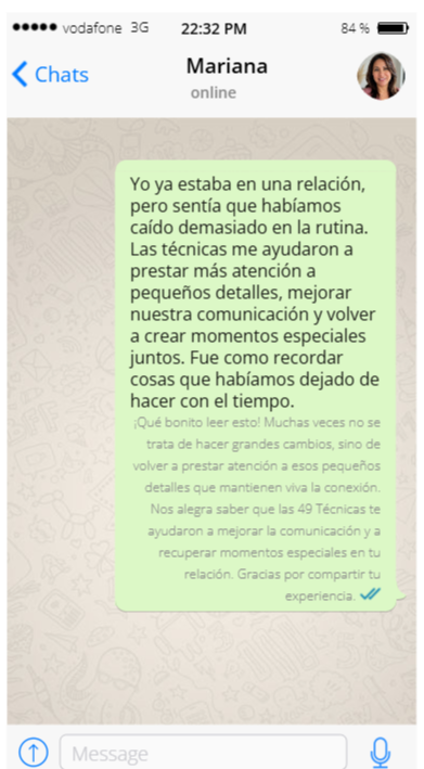 Testimonio real de Mariana por WhatsApp: recuperó la conexión con su pareja prestando atención a pequeños detalles y volviendo a crear momentos especiales juntos