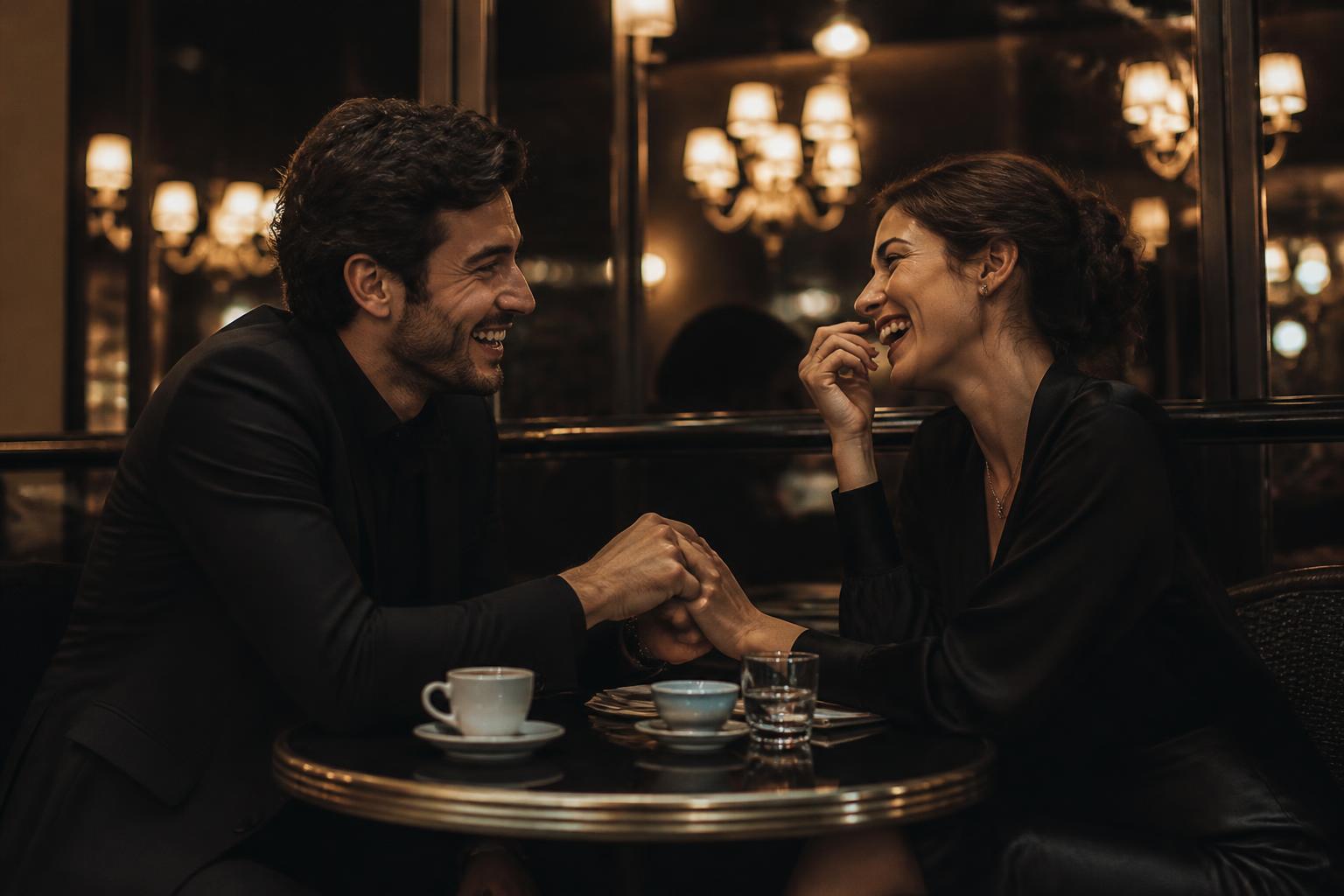 Pareja conversando y sonriendo en un café elegante