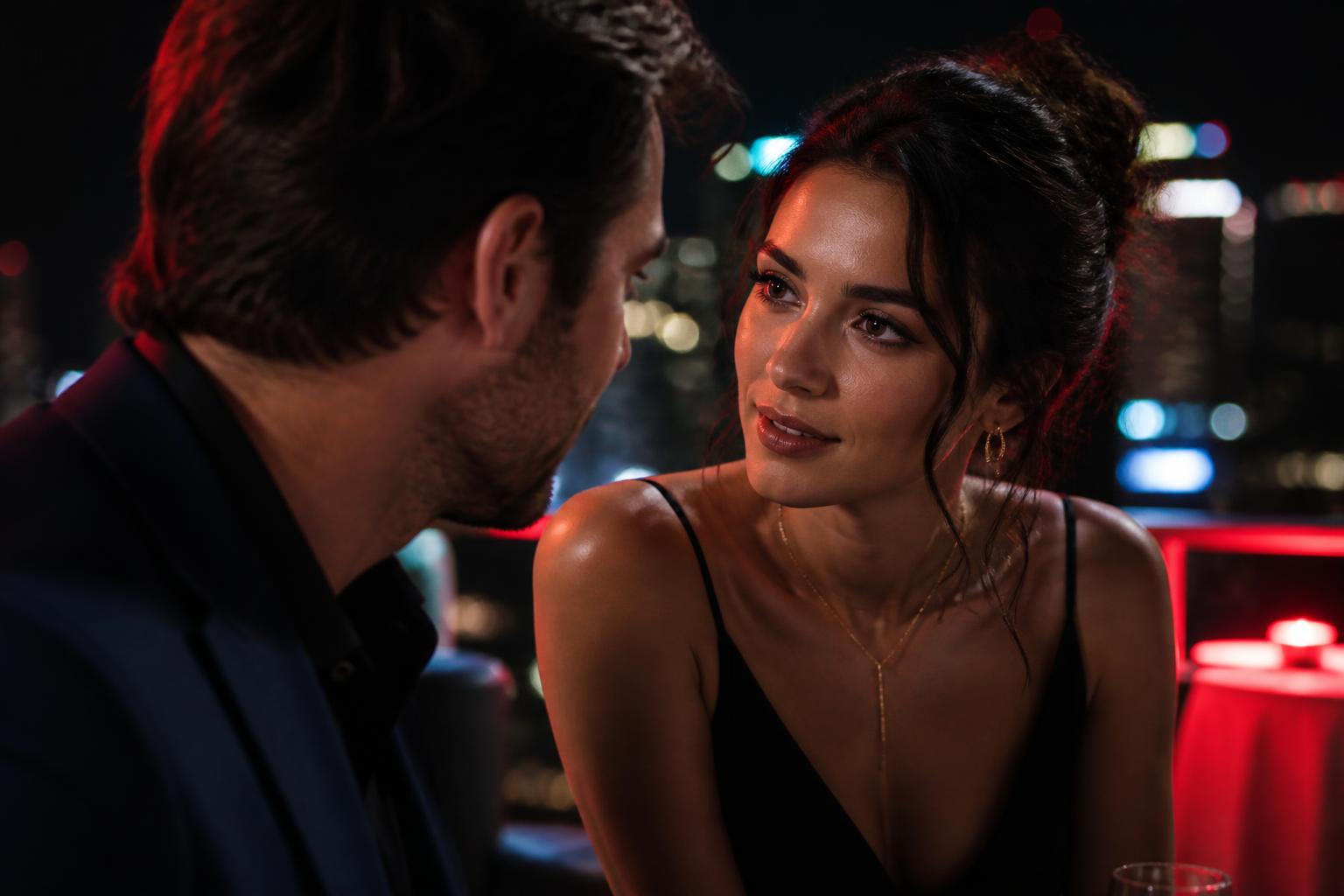 Hombre y mujer conversando con complicidad en una terraza nocturna
