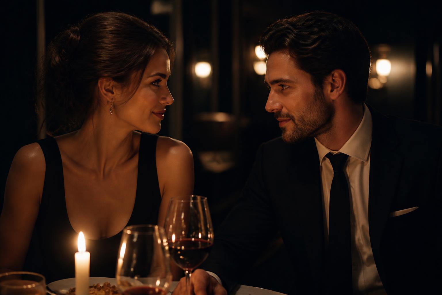 Pareja adulta intercambiando miradas durante una cena elegante
